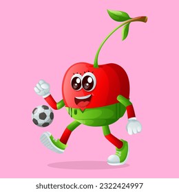 Cute cherry character playing soccer. Perfect for kids, merchandise and sticker, banner promotion or blog
