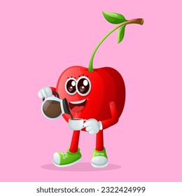 Cute cherry character pouring coffee. Perfect for kids, merchandise and sticker, banner promotion or blog
