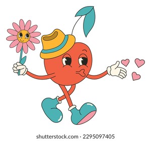 Cute cherry character sticker in y2k groovy style. Retro cartoon character in trendy retro style, comic mascot character.