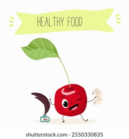 Cute cherry characters, funny berries, activities, leisure. Hand drawn vector illustration. Organic food, healthy, for kids menu, flyer, advertisement, wrap, label, invitation.