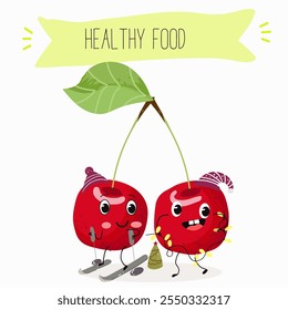 Cute cherry characters, funny berries, activities, leisure. Hand drawn vector illustration. Organic food, healthy, for kids menu, flyer, advertisement, wrap, label, invitation.