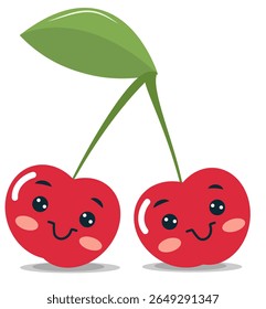 Cute cherry characters are happily facing each other in this colorful vector illustration. Each cherry features a smiling expression and a green leaf, creating a cheerful atmosphere