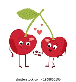 Cute cherry characters with love emotions, face, arms and legs. The funny or happy food heroes, berry fall in love. Vector flat illustration