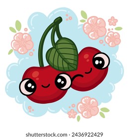Cute cherry characters with sakura flowers background. Kawaii fruit mascot design. Colorful vector illustration for print and card.