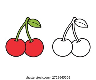 Cute Cherry Coloring Page para crianças. Ilustração de fruta com contorno preto e colorido para crianças.