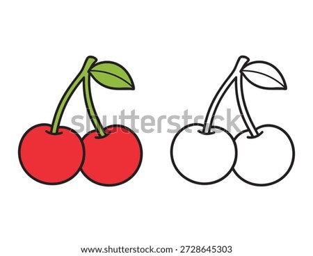 Cute Cherry Coloring Page for Kids. Fruit Illustration with Color and Black Outline for Children.