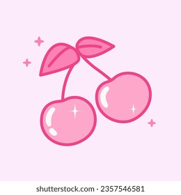Cute cherry couple graphic element in y2k 90s style. Berry icon for card, sticker, print design. Pink glamour vector illustration