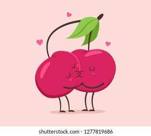 Cute cherry couple kissing. Valentine Day vector cartoon funny fruit character isolated on background.