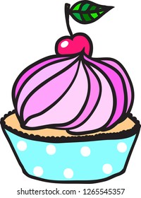 Cute cherry cupcake. Food design element. Vector illustration.