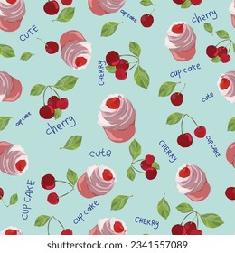 cute cherry cupcakes seamless pattern