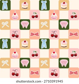 Lindo postre de cereza y patrón a cuadros de arco. Diseño de Vector sin costuras dulce pastel