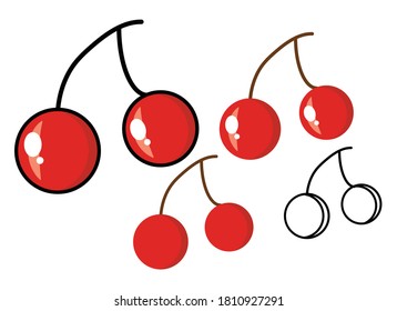 Cute Cherry drawing in isolated background.  Set icon vector. Highlight, shadow, outline object. Fresh and colorful fruit illustration. Flat design