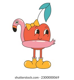 Cute cherry with flamingo swimming ring. Y2k groovy retro cartoon character sticker in trendy retro style, comic mascot character.