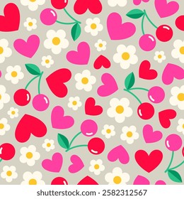 Cute cherry, flower and heart seamless pattern design for Valentine's day background.