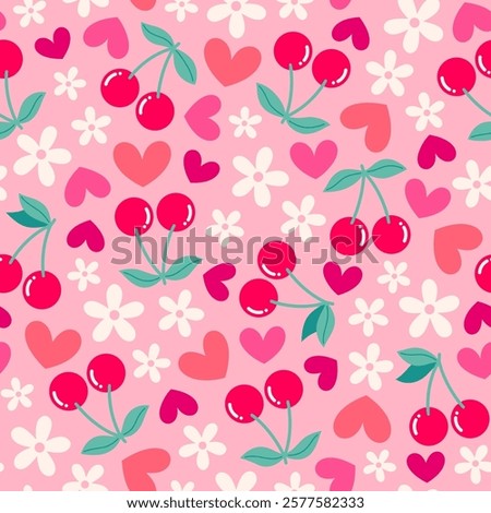 Cute cherry, flower and heart seamless pattern design for Valentine's day background.