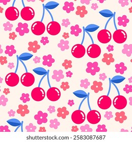 Cute cherry and flower seamless pattern design background.