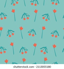 Cute  cherry and flowers elements. Vector seamless pattern. Hand drawn illustrations.