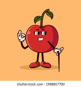 Cute Cherry fruit character with eye glass and OK hand gesture. Fruit character icon concept isolated. flat cartoon style Premium Vector
