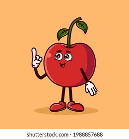 Cute Cherry fruit character with happy face and Gesture pointing up. Fruit character icon concept isolated. Emoji Sticker. flat cartoon style Vector