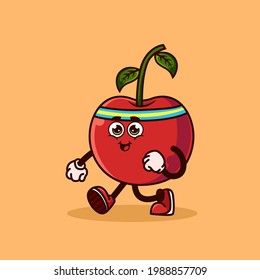 Cute Cherry fruit character jogging. Fruit character icon concept isolated. Emoji Sticker. flat cartoon style Vector