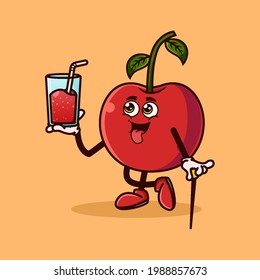 Cute Cherry fruit character with Cherry juice on hand. Fruit character icon concept isolated. flat cartoon style Premium Vector