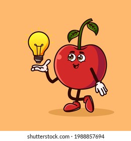 Cute Cherry fruit character with light bulb Idea on hand. Fruit character icon concept isolated. Emoji Sticker. flat cartoon style Vector