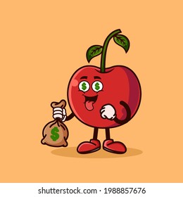 Cute Cherry Fruit Character With Money Eyes And Holding Money Bag. Fruit Character Icon Concept Isolated. Emoji Sticker. Flat Cartoon Style Vector