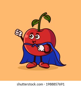 Personaje de fruta de cerezo con disfraz de super héroe y tratar de volar. Icono de carácter de fruta aislado. Emoji Sticker. estilo de dibujos animados planos Vector