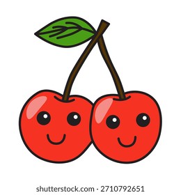 Cute cherry fruit character for sweet dessert, food design and fresh summer decoration.