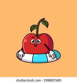 Cute Cherry fruit character with swim ring float. Fruit summer icon concept isolated. flat cartoon style Premium Vector