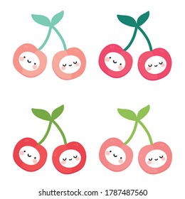 Cute Cherry Fruit Kawaii Face Vector Illustration, Berry Icons