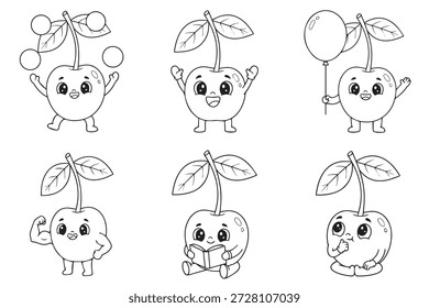Cute Cherry Fruit Mascot Character Set Coloring Page Vector