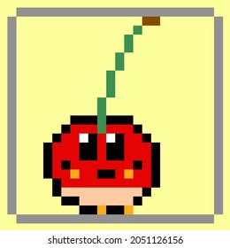 Cute Cherry Fruits. Cute Baby Cherry Pixel Art illustration