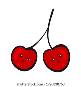 Cute Cherry. Funny Flat Cartoon Happy Yummy Fruits icons clip art vector illustration on white.