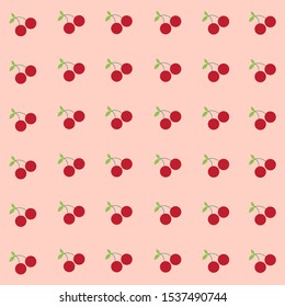 Cute cherry with green leaf.Simple shape.Seamless pattern isolated on pink background.Memphis style.Cute tropical fruit.Design for backdrop ,Tile wallpaper ,Screen.Summer concept.Vector.illustration.