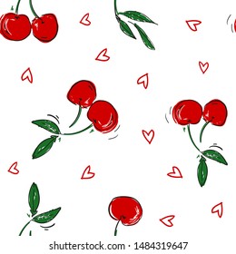 Cute Cherry and heart print and pattern seamless.  Spring Summer trend textiles. Fruity background. Vector Illustration.