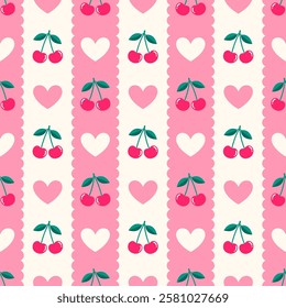 Cute cherry and heart seamless striped pattern design for Valentine's day background.