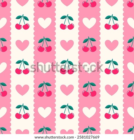 Cute cherry and heart seamless striped pattern design for Valentine's day background.