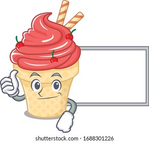 cute cherry ice cream cartoon character Thumbs up bring a white board