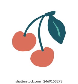 Cute cherry icon. Berries on a branch with a leaf. Vector flat hand drawn illustration in cartoon style