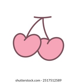 Cute cherry icon. Hand drawn illustration of two heart-shaped cherries isolated on a white background. Kawaii St. Valentine day sticker. Vector 10 EPS.