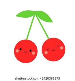 Cute cherry icon. Red color. Cartoon kawaii smiling baby character. Funny berry face. Childish collection. Flat design. White background. Isolated. Vector illustration