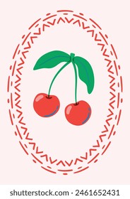 Cute cherry illustrated poster with a hand drawn oval frame. 