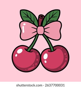 Cute Cherry Illustration with Pink Bow and Leaves