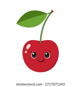 Cereza linda, fruta jugosa, dibujos animados de personajes divertidos, cara sonriente feliz, ojos grandes, estilo kawaii, Ilustración vectorial.
