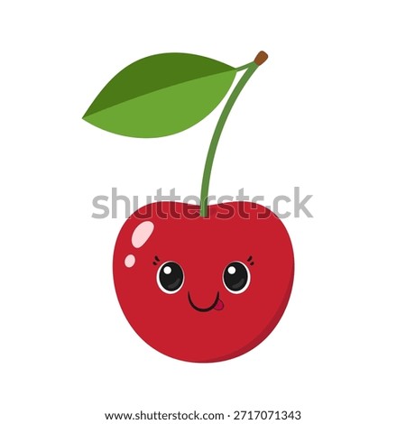 Cute cherry, juicy fruit, fun character cartoon, happy smiling face, big eyes, kawaii style, vector illustration.