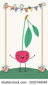 cute cherry in landscape kawaii character