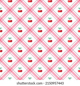 Cute Cherry leaf Fruit Element Red Green Diagonal Stripe Striped Line Tilt Checkered Plaid Tartan Buffalo Scott Gingham Pattern Cartoon Vector Seamless Pattern Print Background Fashion Fabric Picnic