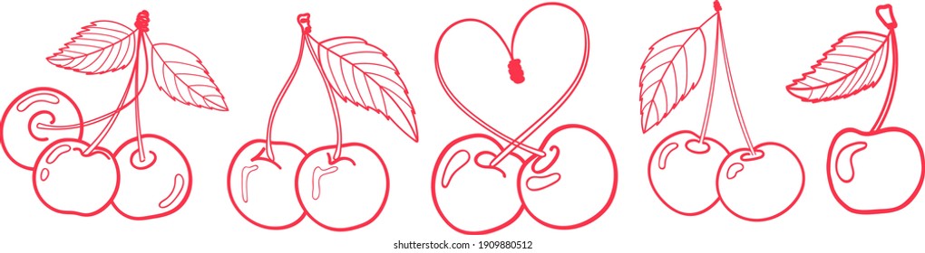 Cute cherry. Love berries. Hand drawn collection of cherry. Line art. Vector stock illustration.