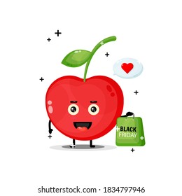 Cute cherry mascot carries a black Friday shopping bag